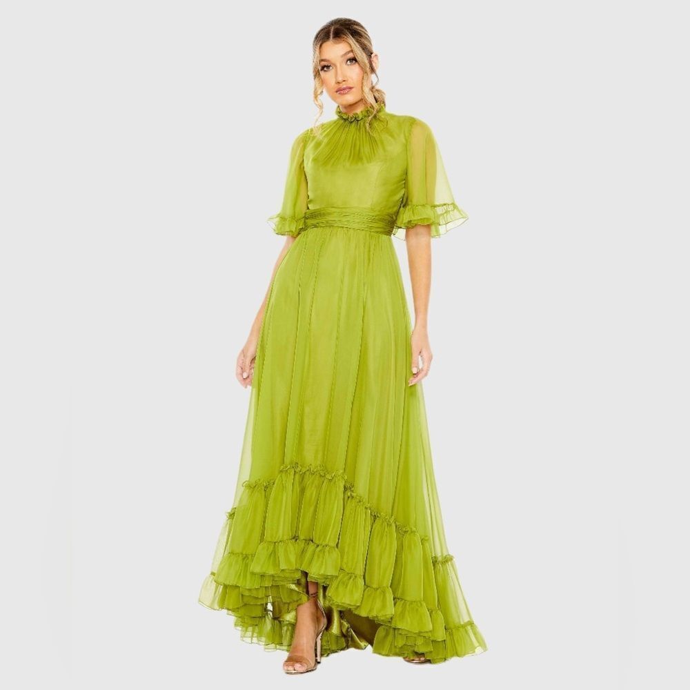 MAC DUGGAL Size 6 Green Ruffled High Neck Flutter Sleeve Maxi Gown Dress